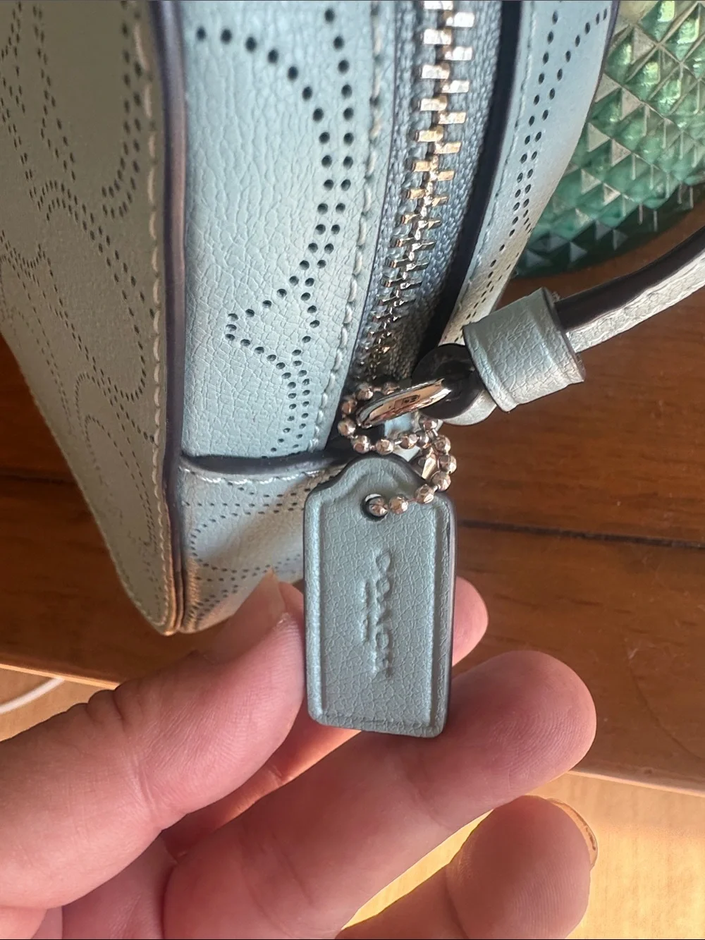 Coach Women's Robins Egg Blue Perforated Camera Crossbody Bag